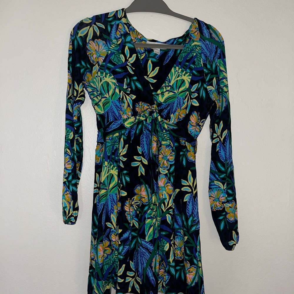 Lilly Pulitzer Wrap Jumpsuit Green Tropical Leaf Print Long Sleeve